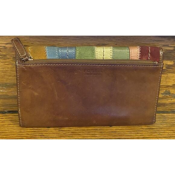 Fossil Leather Beige Multicolor Checkbook Wallet Full Size - Picture 3 of 6